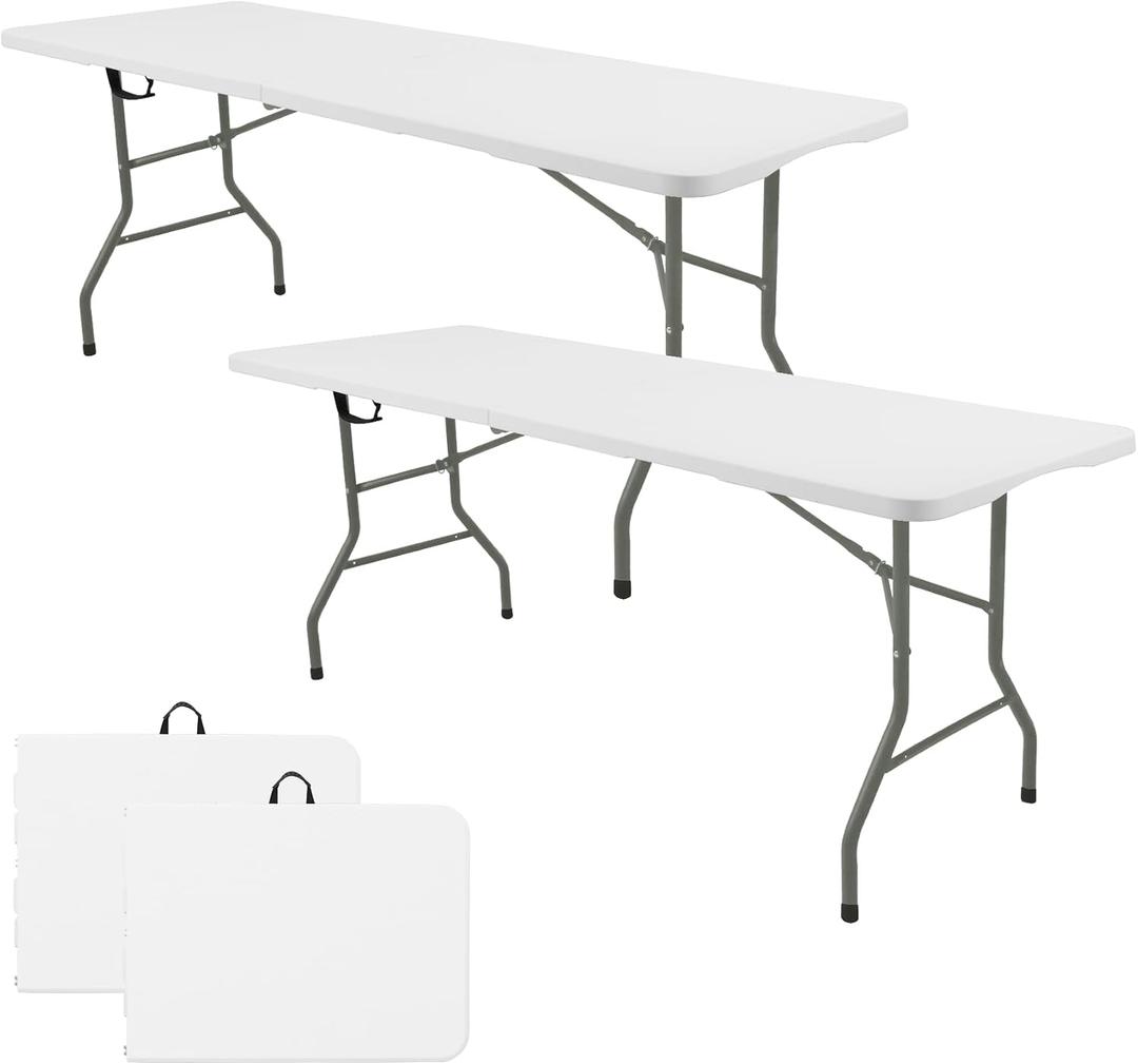 Set of 2 Folding Table 5 FT Camping Table Portable Heavy Duty Plastic Rectangular Outdoor Dining Table Steel Legs Fold-in-Half with Carrying Handle for Indoor,Picnic,Party,Wedding,Events(White)