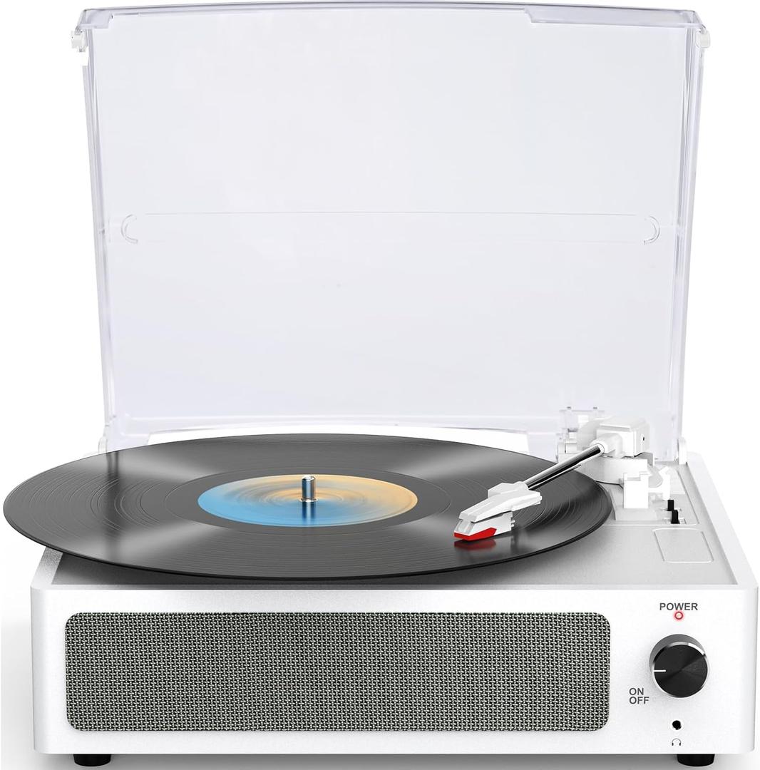 Vinyl Record Player with Speakers Turntable Belt-Driven Turn Table Support 3-Speed 3 Size BT Wireless Playback Headphone AUX-in RCA Line LP Phonographs Audio for Beginner Classic Pure White