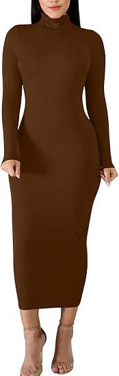 Women's Sexy Basic Long Sleeve Turtleneck Bodycon Party Long Pencil Dress
