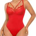 SHAPELLX Lace Bodysuit Shapewear for Women Tummy Control Body Suits Waist Sculpting V Neck Thong Corset Going Out Tops, S