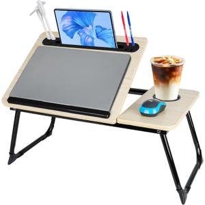 Laptop Bed Desk, Adjustable Lap Desk, Small Laptop Table with USB Charge Port, Desktop Card &Pen Slot, Cup Holder, Foldable Bed Tray Table for Couch Sofa Chair Floor Eating Working (Adjustabla White)