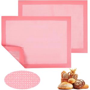 TIESOME 2 Pcs Reusable Baking Sheet Liners, Perforated Silicone Half Sheet Silicone Baking Mats 11.75" x 15.75" Non Stick Mesh Oven Liners for Eclairs Bread Pizza Cookies, Pink
