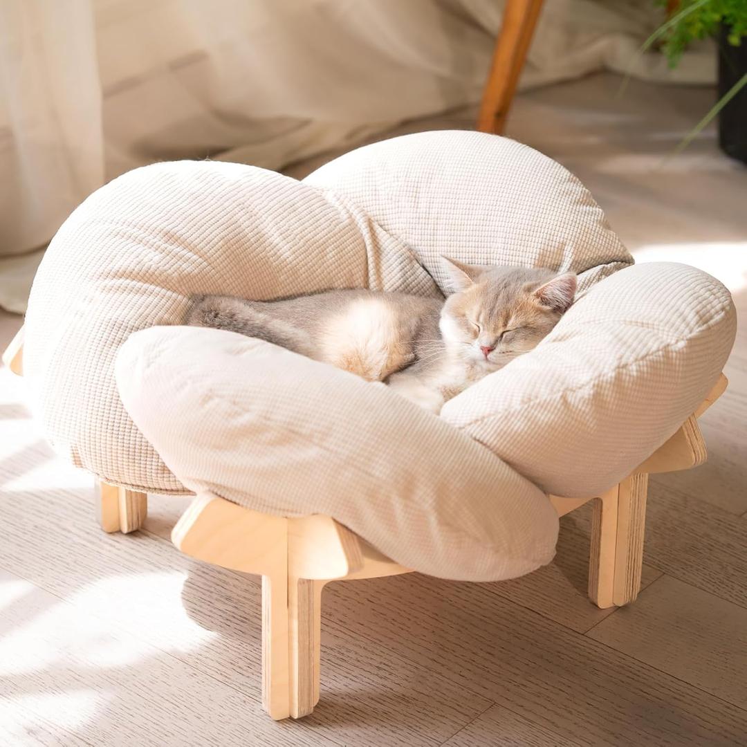 CHEERHOME PETS Elevated Cat Bed Wooden with Cushion Fluffy Pet Couch Sofa for Indoor Cats Raised Kitty Lounge Chair Suitable for Puppy, Cat Furniture(White)