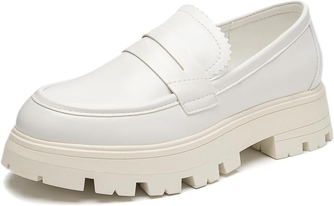 Cestfini Platform Chunky Loafers for Women (7, White)