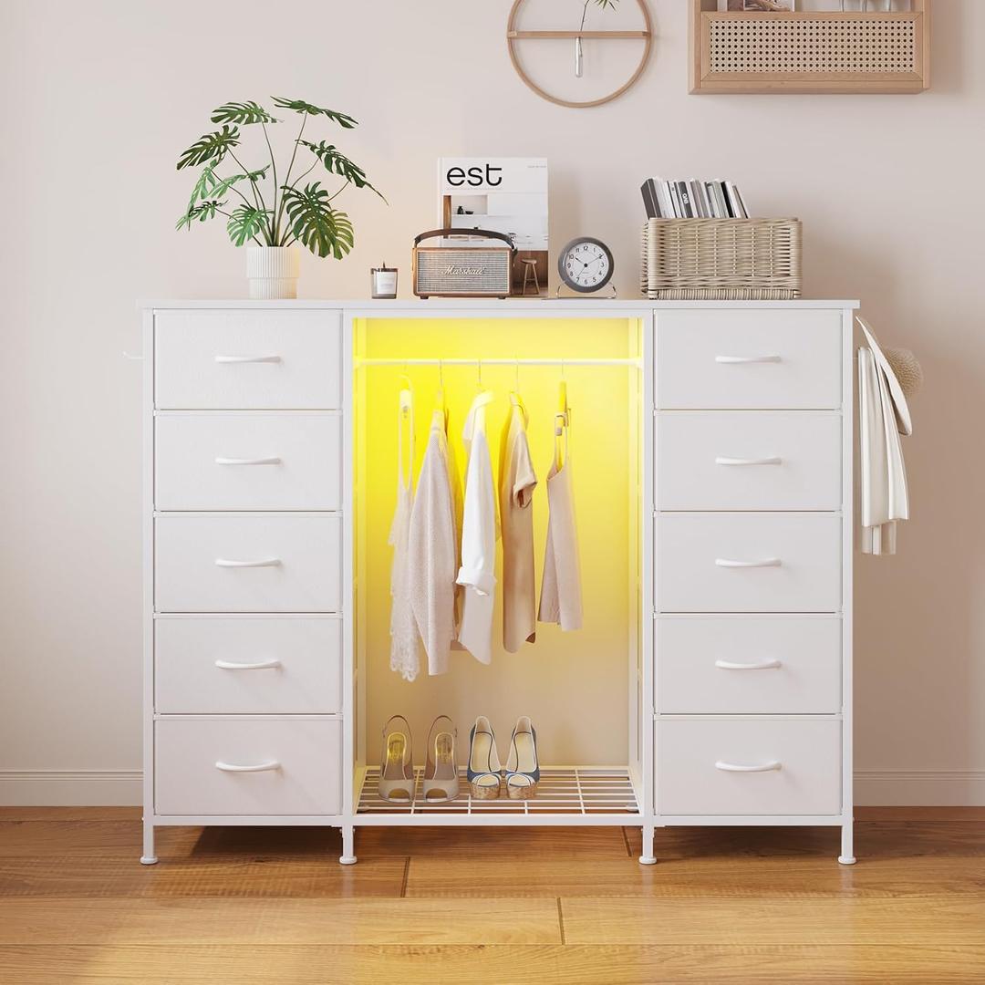 LUMTOK 55" W 2-in-1 Dresser with Hanging Rack, 10 Drawers Dresser for Bedroom, White Drawer Dressers with LED Lights, Charging Station and Hanging Racks for Bedroom, 13.7"D x 54.6"W x 43.3"H