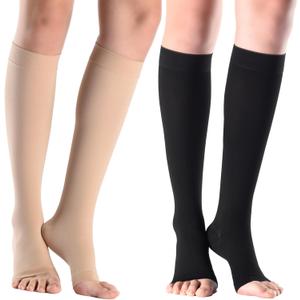 2 Pairs 20-30 mmHg Graduated Compression Socks for Women & Men, Open Toe Knee High stocking, Support Circulation, Travel & Daily Comfort (X-Large)