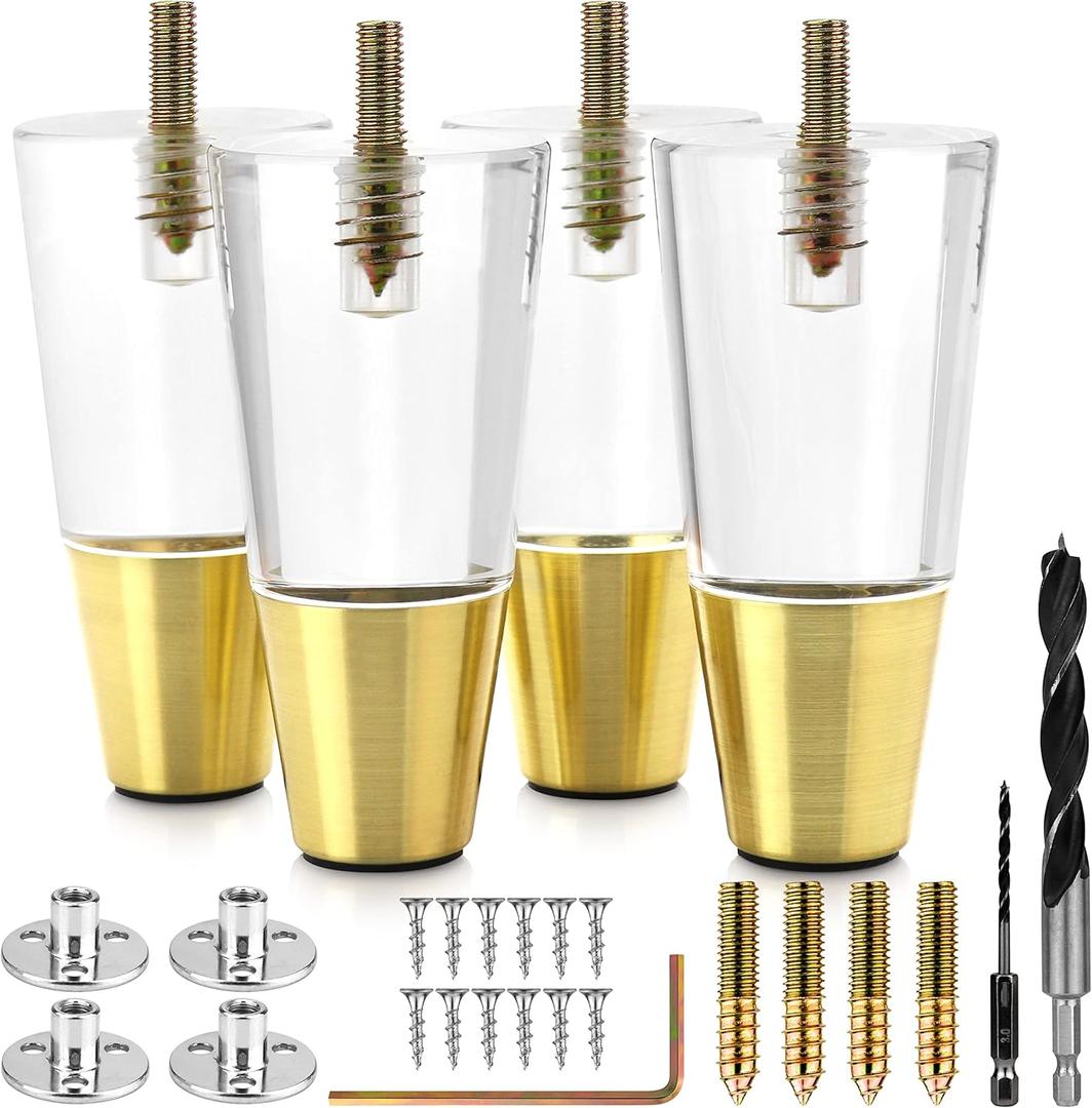 Acrylic Furniture Legs With Gold Caps - Mid Century Legs For Couch, Sofa, Chair, Table, Dresser, Bed, Cabinet - Furniture Feet Are Easy To Install & Include Installation Hardware - Set of 4, 4 Inches