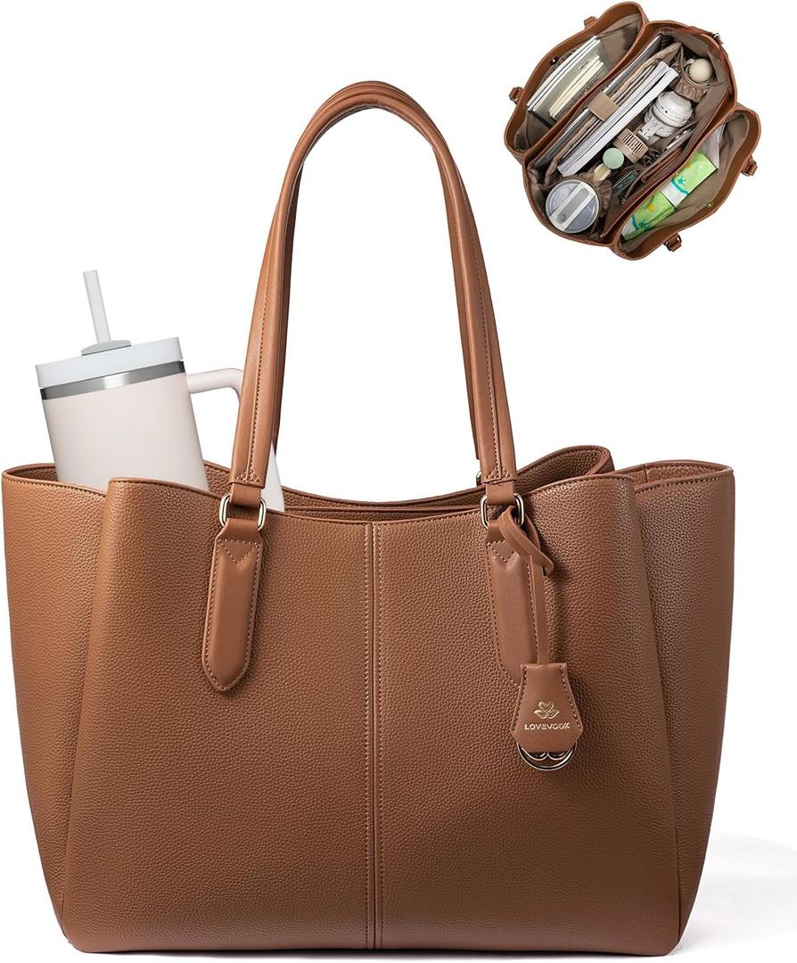 LOVEVOOK Laptop Tote Bag for Women 15.6 In Work Bags with Triple Compartments Large Faux Leather Computer Office Briefcase (Brown)