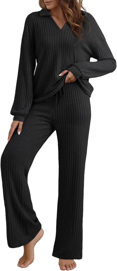 EVALESS Women's Pajama Sets Long Sleeve Sleepwear Matching Drawstring Elastic Pj Pants Ribbed Knit 2 Piece Lounge Set (XX-Large, Black)