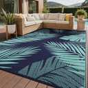 GENIMO Outdoor Rug, Waterproof Plastic Rugs for Patio, 8'x10' Blue Green | Outside Larger Leaf Carpet Mat for Porch Decor, Deck, Balcony, Camping, RV, Backyard, Picnic, Beach, Reversible, Foldable