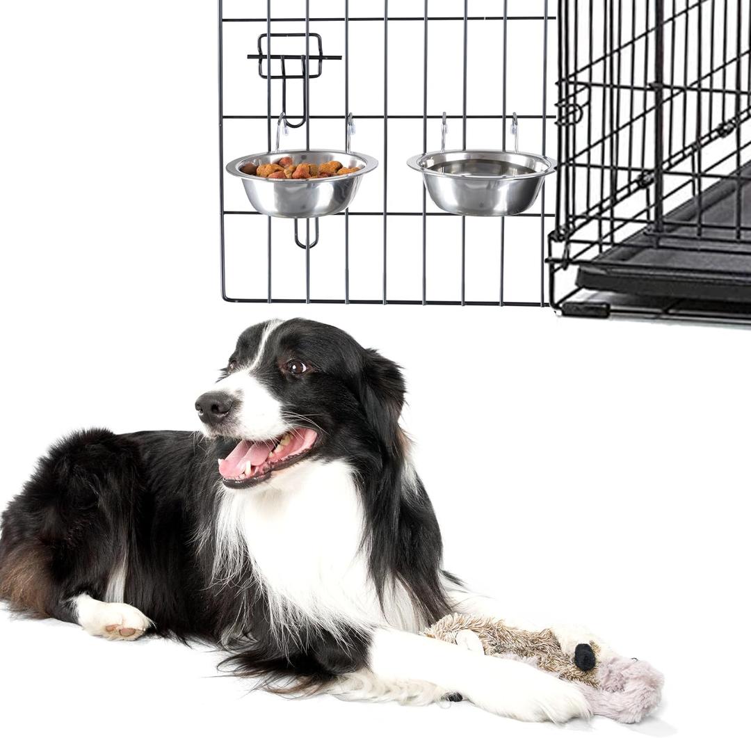 Set of 2 Stainless-Steel Dog Bowls - Cage, Kennel, and Crate Hanging Pet Bowls for Food and Water - 8oz Each and Dishwasher Safe by PETMAKER, Silver (8 oz, 2 Count (Pack of 1))