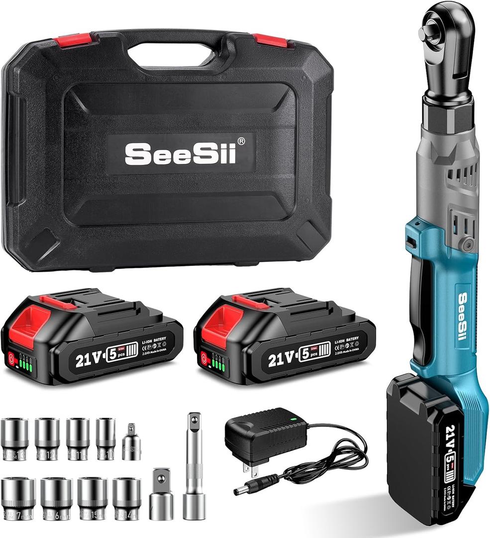 1/2" Cordless Electric Ratchet Wrench, 66Ft-lbs Battery Ratchet Wrench 21V Max, Brushless Motor, Variable Speed Trigger, 2x 2.0Ah Batteries & Charger, 8 Sockets, 1/4" & 3/8" Adapter, 3" Extension Bar