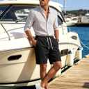 Men's Corduroy Shorts Casual Elastic Drawstring Lightweight Summer Beach Shorts with Pockets (Black, M)