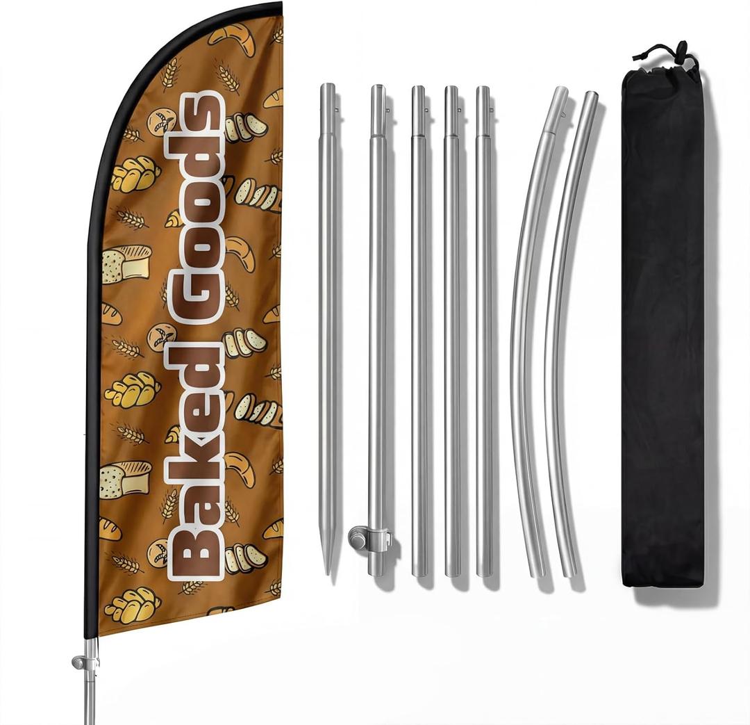 8FT Baked Goods Flag for Business, Portable Baked Signs with Stainless Steel Flagpole, Ground Stake, Eye-Catching Flag for Cake Baking Shop Outdoor Advertising