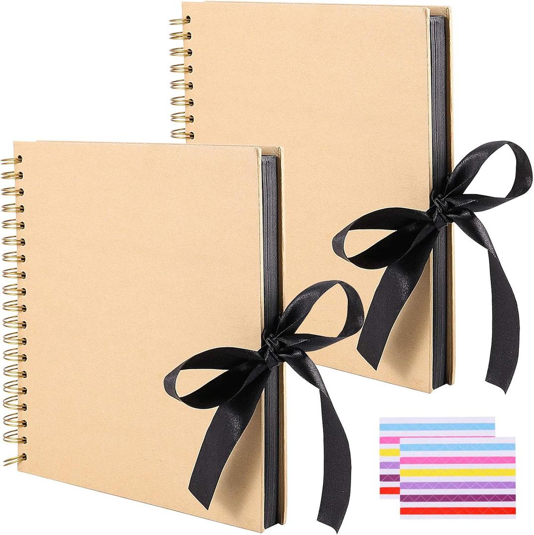2 PCS 10 x 10 Inch 100 Pages DIY Scrapbook Album, Brown Hardcover Black Paper Spiral Scrapbook Journal with Ribbon and Corner Stickers, Blank Photo Album Bulk for Anniversary Birthday Wedding