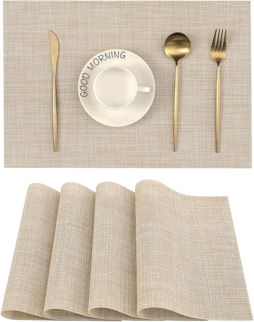 Leetaltree Beige Placemats Set of 4 - Heat Resistant Non-Slip Place mats for Dining Table, Washable Durable PVC Vinyl Woven Table Mats Beige, 4
