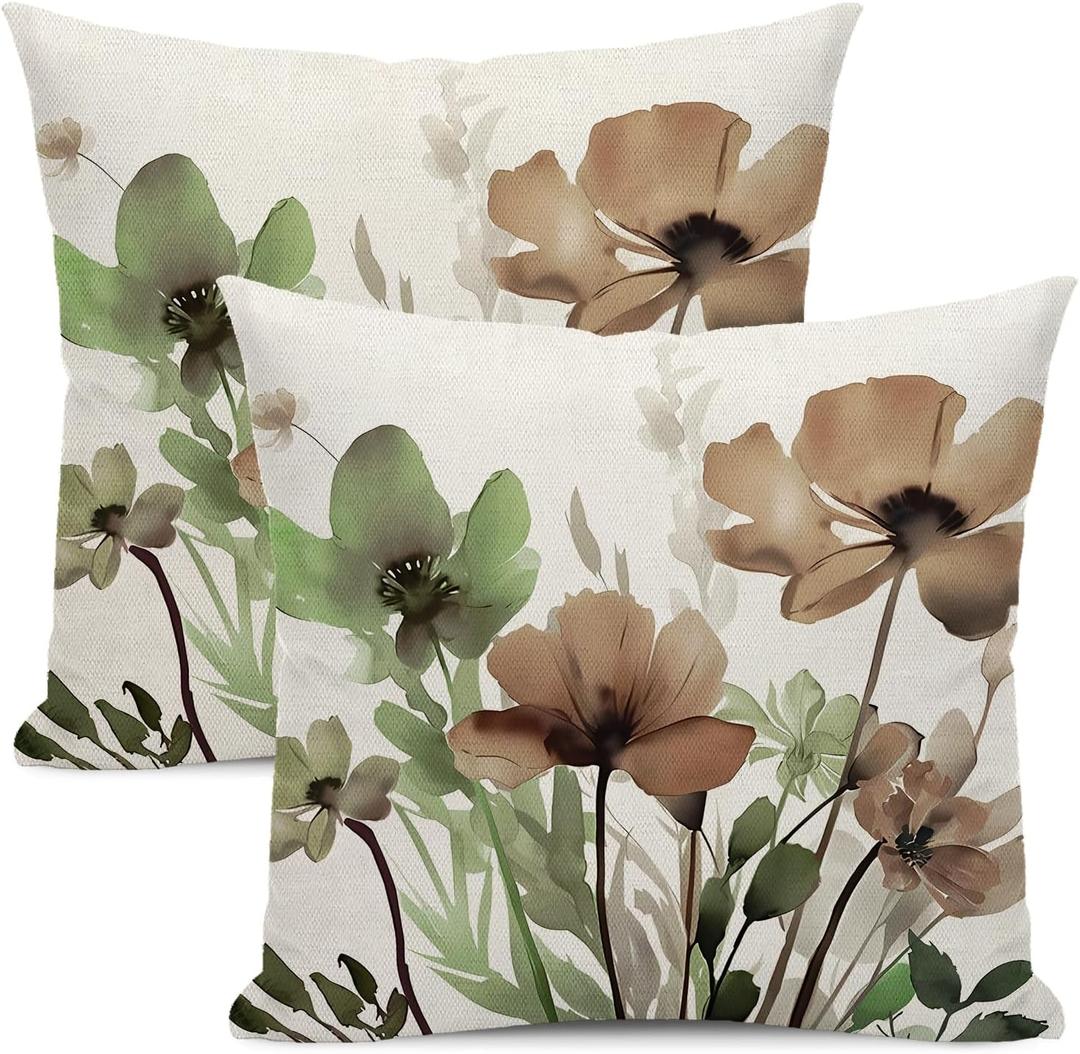 Spring Floral Pillow Covers 20x20 Inches Set of 2 Sage Green Brown Floral Throw Pillow Cover Outdoor Rustic Summer Flower Decor Pillowcase Farmhouse Decorative Cushion Cover for Home Sofa