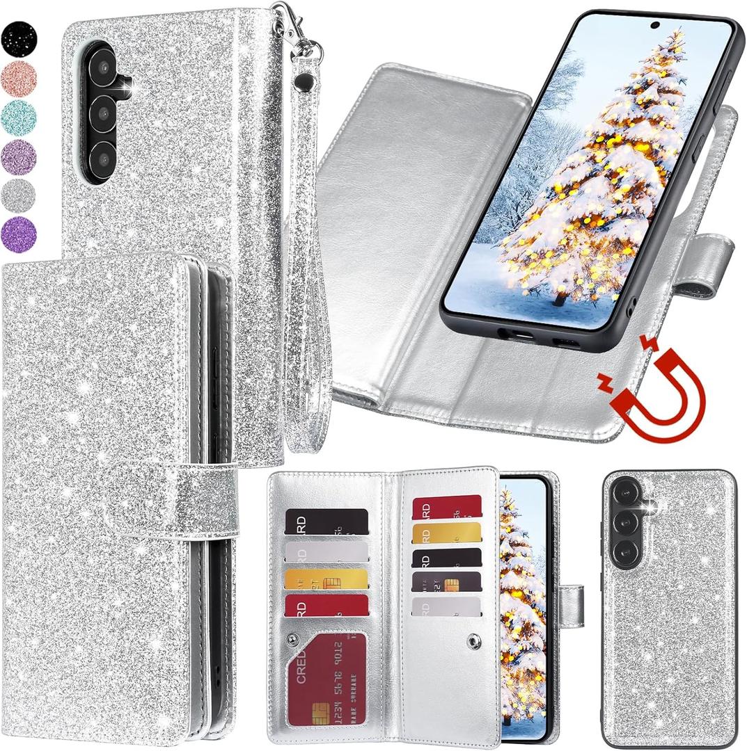 Varikke for Galaxy S25 FE Wallet Case Detachable with RFID Blocking Card Holder for Women, Glitter Leather Strap Magnetic Flip Wallet Removable Phone Case for Samsung Galaxy S25 FE 6.7", Silver