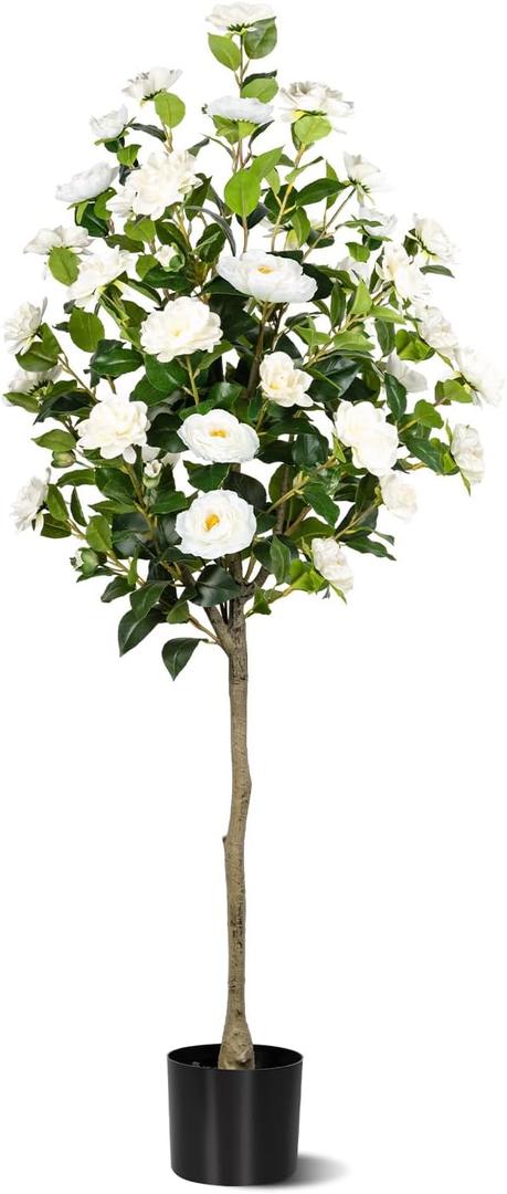 5FT Artificial Camellia Tree, Artificial Plants Outdoor Faux Floral Plant in Cement Pot Fake Silk Camellia Tree Plants for Home House Living Room Office Decor