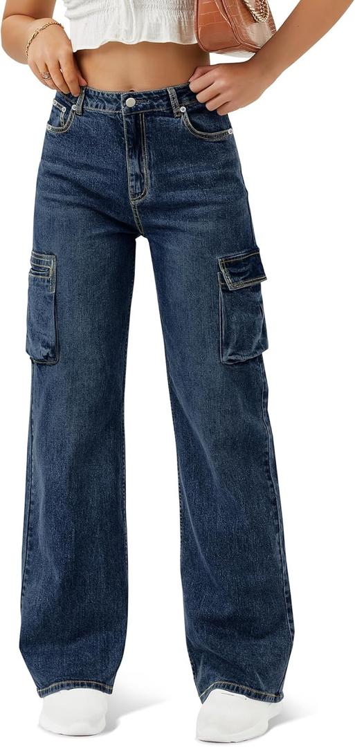 Women High Waisted Cargo Jean for Women with 6 Pockets Straight Wide Leg Jean Casual Baggy Pants (Dark Blue)