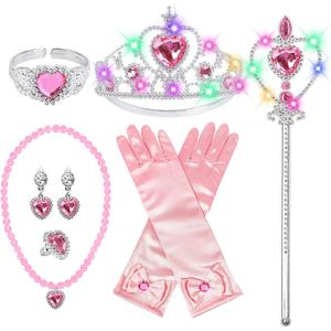 Princess Dress Up Accessories, Light Up Wand Crown 7Pcs Princess Dress Up Set with Gloves Tiara Necklace Earrings Bracelet and Ring Gift Set for 3-6 Toddler Kids Girls Cosplay Party, Pink