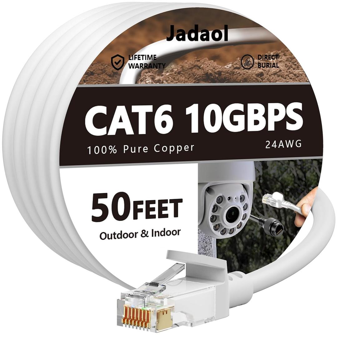Cat 6 Outdoor Ethernet Cable 50 ft, Support Cat8/7 Network, 10Gbps 550MHz, 24AWG Pure Copper, Direct Burial Waterproof In-Ground UV Resistant LAN Internet Patch Cable for Router, Modem, Switch, White