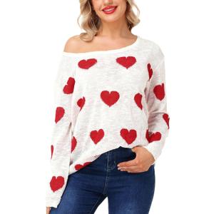 Womens Valentine Off Shoulder Shirt Long Sleeve Knitted Shirts Loose Heart Ripped Tops, S