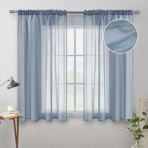 MIULEE Dusty Blue Linen Textured Sheer Curtains 54 Inch Length for Bedroom/Living Room/Kitchen Semi Transparent Voile Farmhouse Short Window Drapes Light Blue Rod Pocket 2 Panels W54 x L54