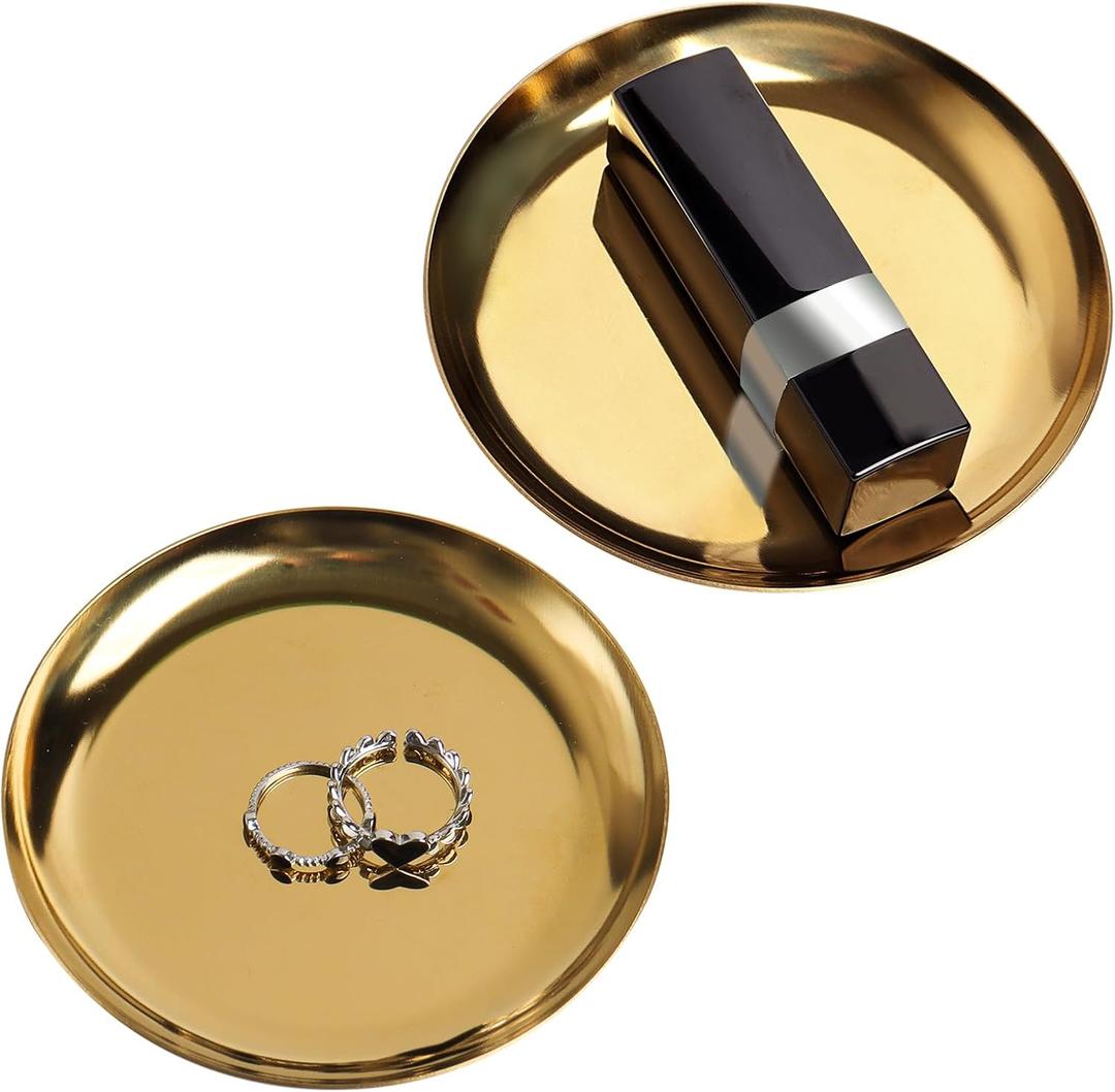 2 Pack Gold Tray 4 inch Stainless Steel Small Golden Decorative Jewelry Gold Dishes Small Round Tray Candle Plate