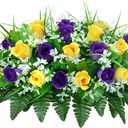LVXINLI Artificial Cemetery Flowers Saddle-Shaped Tombstone Decorations Non-Fading UV-Resistant Yellow+Purple Saddle