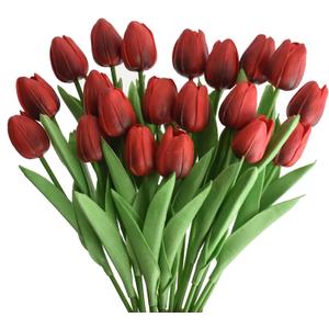 20pcs Artificial Tulips Flowers Fake Faux PU Tulip Bouquet Real Touch Flower Arrangement for Home Room Office Party Wedding Decoration Excellent Gift Idea for Mothers Day(Currant Red)