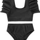 IFFEI Mommy and Me Family Matching Swimsuits Ruffle Sleeve Tie Back Womens Bathing Suit Two Piece Bikini Sets (Black, M)