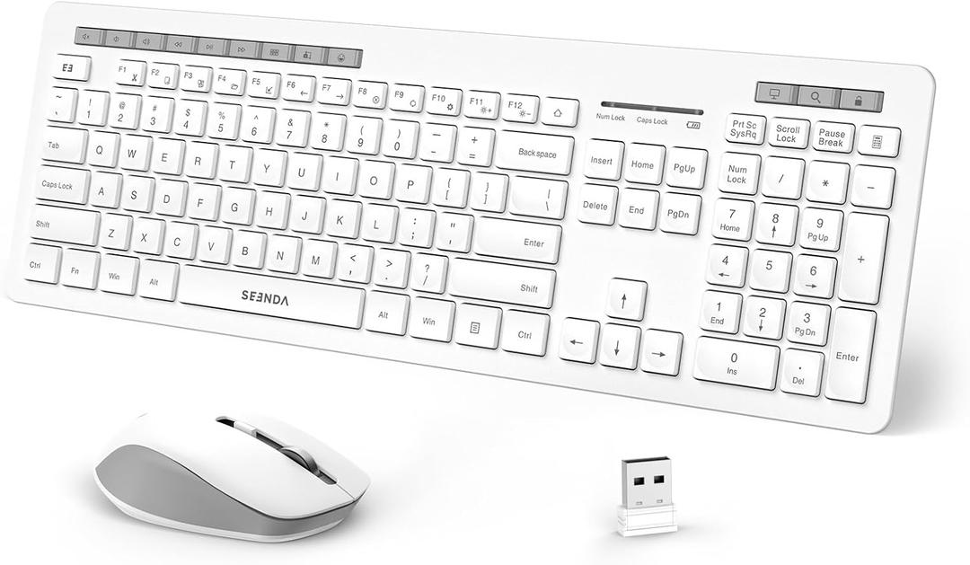 seenda Wireless Keyboard and Mouse Combo, 2.4GHz Cordless Quiet Keyboard Mouse with USB Receiver, Full Size Cute White Combo, Compatible for Windows Laptop Computer Desktop PC, White