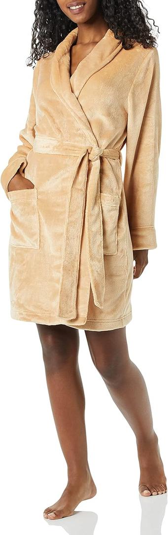 Amazon Essentials Women's Mid-Length Plush Robe (Tan), S 