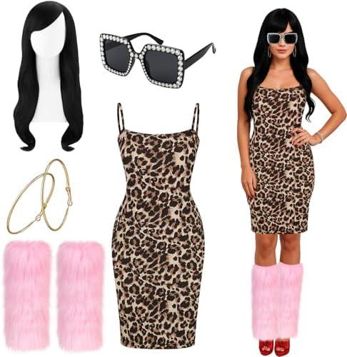 Ramede 5 Pcs Halloween Reality TV Personality Costume Accessories Leopard Dress Earrings Wig Leg Warmer Sunglasses Women L