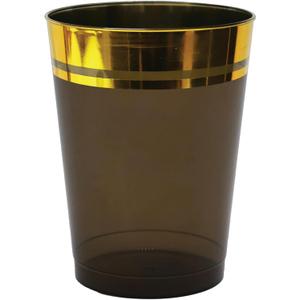Party Essentials Disposable All-Purpose 10 oz Plastic Tumblers Drinking Cups for Wine/Sparking/Appetizer/Dessert, 50-Count, Semi-Transparent Black with Gold Rim