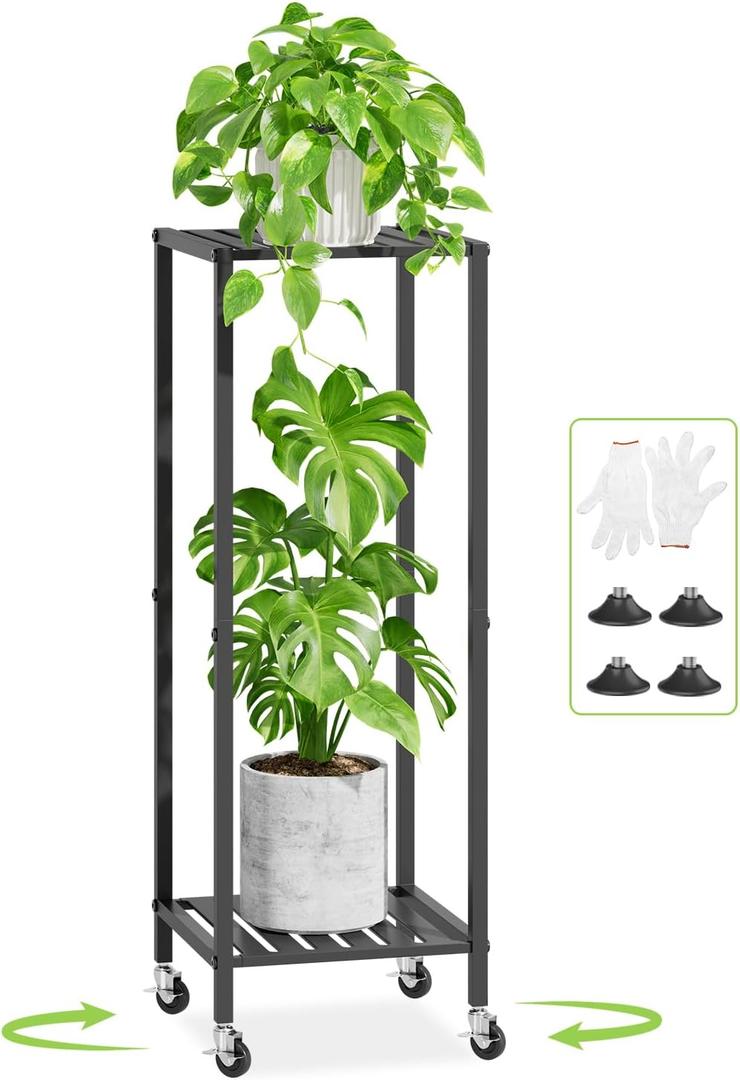 iDavosic.ly 2 Tier Plant Stand Indoor with Wheels, Metal Flower Holder Shelf Outdoor for Large Pots, Tall Corner Vertical Rolling Rack for Patio Porch Garden Balcony Living Room, Modern Black