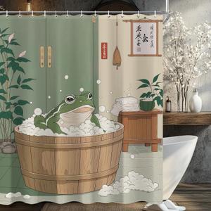 Japanese Funny Frog in Bathtub Shower Curtain Sets for Bathroom 60Wx72H Vintage Cute Animal Shower Curtain Retro Kwaii Rustic Green Polyester Bathtub Curtain Bathroom Decor with 12 Hooks