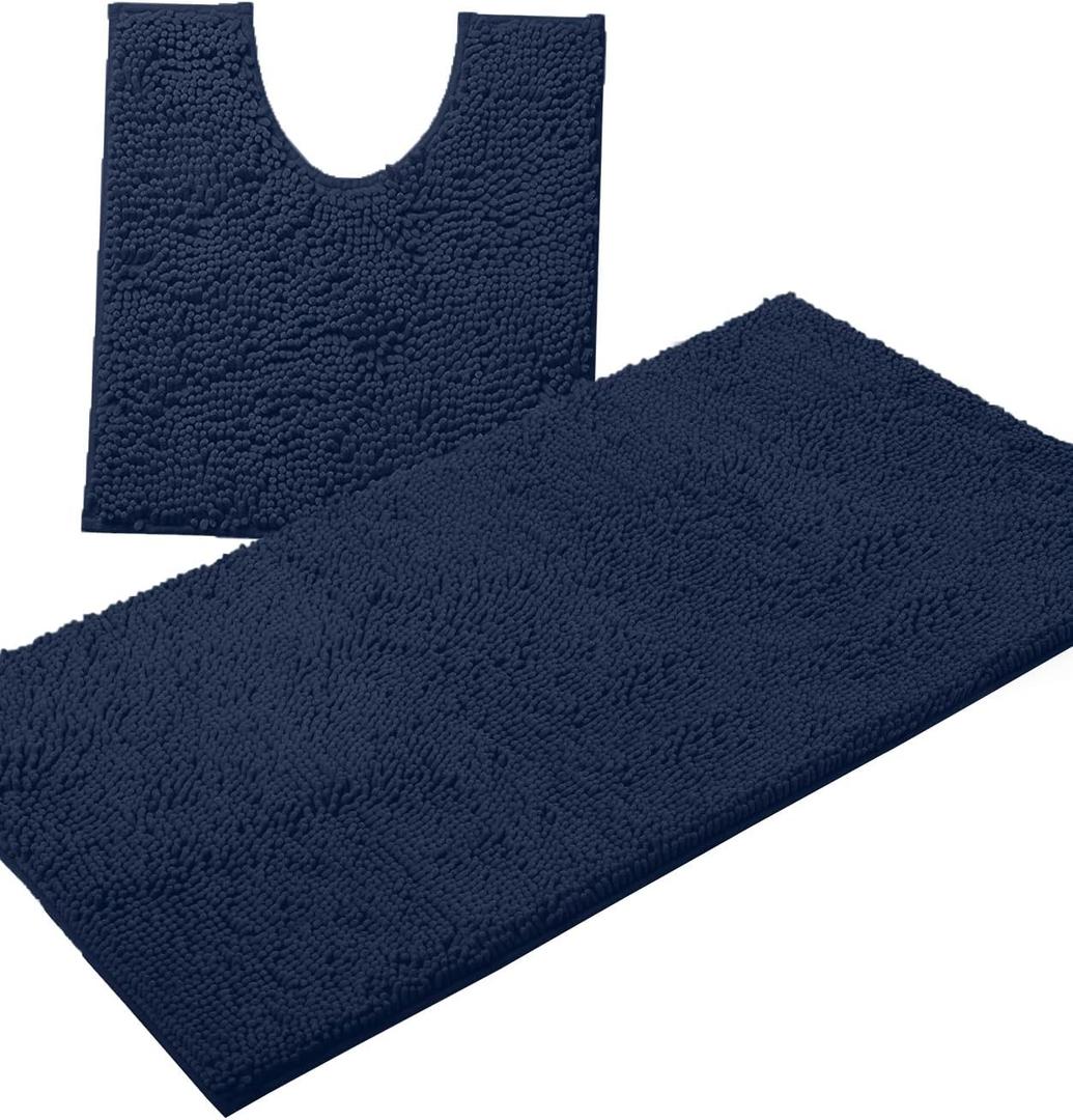 Bathroom Rugs Sets 2 Piece, Luxury Chenille Bath Mat Set, Soft Plush Anti-Slip Bath Rug + U-Shaped Toilet Mat. Microfiber Shaggy Carpet, Super Absorbent (24 x 36 & 20 x 24 U, Navy)