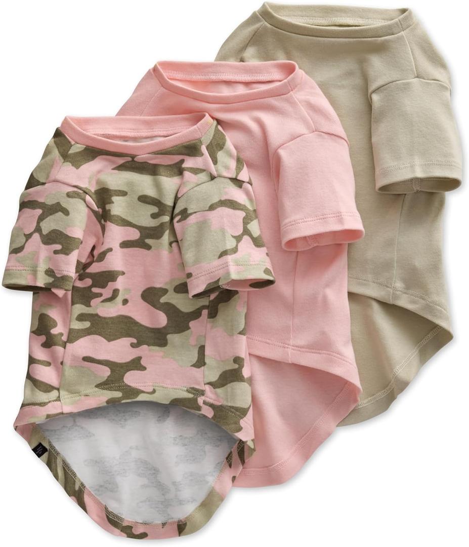 Toby II - The Perfect Tee, 3 Pack Short Sleeve Pet T-Shirt 100% Organic Cotton Tees Clothes for Small, Medium, Large Dogs, Pink Camo, Large (40-60 lbs)