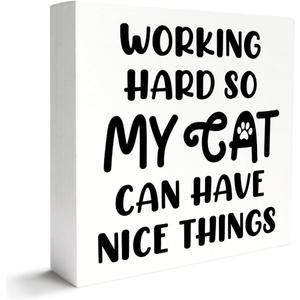 2 x Cat Lover Decor Wooden Box Sign, Funny Cat Desk Decoration for Home, Working Hard, Cat Lover Gifts for Women Men, Cat Mom Cat Dad Cat Owner Gifts