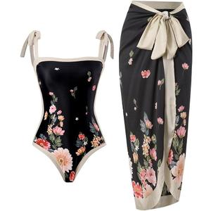 One Piece Bathing Suit for Women with Beach Cover up Wrap Skirt Swimsuit Sarong Retro Floral Print Bikini Set (Small, 2308 Balck)