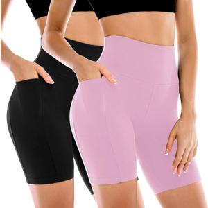 Leafigure 2 Pack Womens Biker Shorts with Pockets, High Waisted Yoga Shorts for Women Running Gym and Workout (Large-X-Large, Black/Pink)
