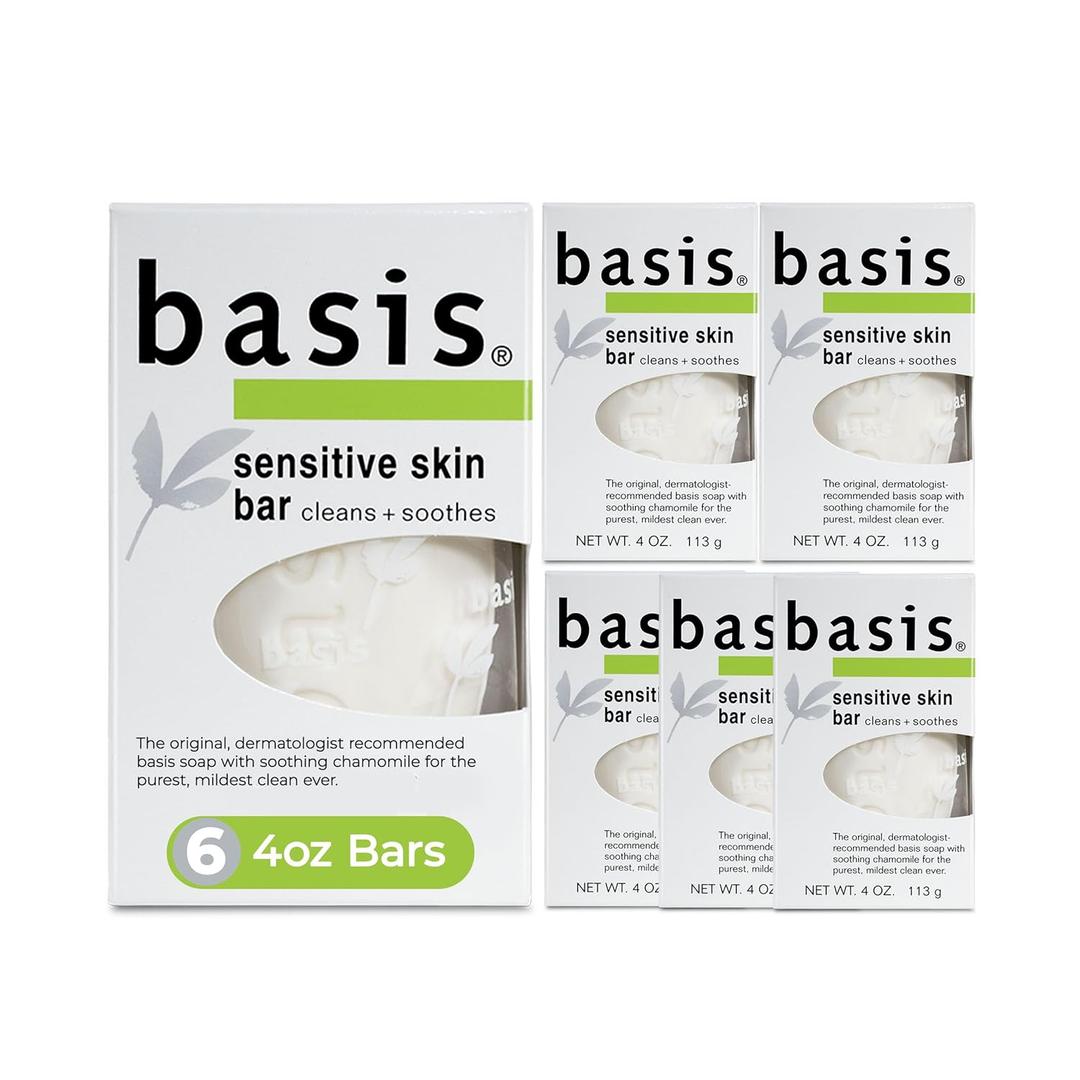 Basis Sensitive Skin Bar Soap for Body, Hands and Face, Unscented Soap Bar for Sensitive Skin with Chamomile and Aloe Vera, 4 Oz, Pack of 6