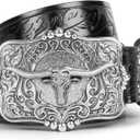 UTOWO Rodeo Western-Longhorn-Bull Cowboy-Belt for Women-Men Bull-Floral-Embossed PU-Leather Cowgirl Waist Belt for Jeans (Black)