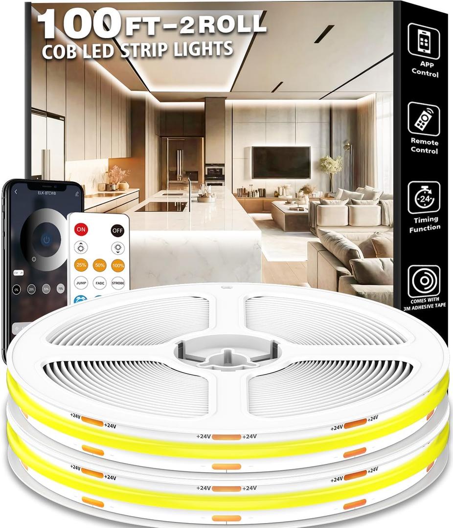 100FT COB Led Strip Lights, Uniform 6500K COB Rope Light,Bright Daylight White lights,High Density,App/Remote Control,Indoor 24V Cuttable Cabinet Lights for Bedroom,Bookshelf,Showcase,Kitchen