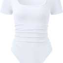 OQQ Women Bodysuits Ruched Short Sleeve Square Neck Stretch Lounge Travel Bodysuits (White, S)