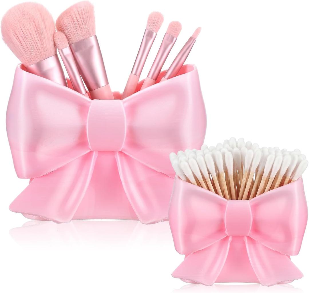 Hushee 2 Pcs Coquette Pink Bow Makeup Brush Holder Set Large Mini Sizes Cute Bow Pencil Holder Desk Organizer Balletcore Preppy Vanity Decor for School Office Desk Bedroom Gift for Girls