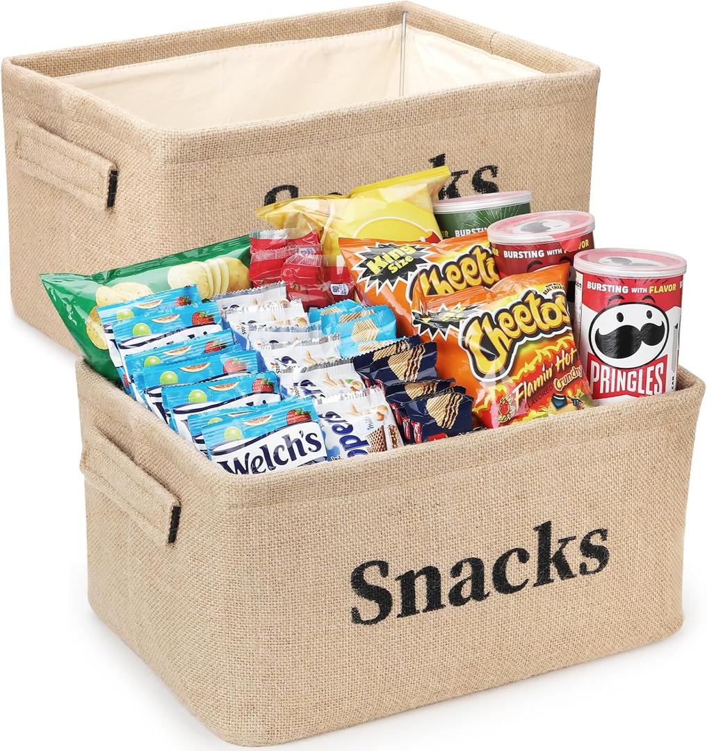 2 Pack Snack Storage Organizer Basket Bins for Pantry Shelf and Countertop, Large Burlap Snacks Basket Container for Kitchen Office Popcorn Candy Pretzels and more