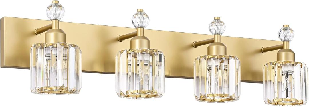 PRESDE Modern Crystal Bathroom Vanity Light 4 Light Gold Vanity Lighting Over Mirror Bathroom Wall Light Fixtures (4-lights, Gold)